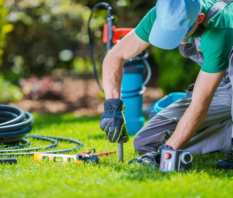A landscape contractor installing a high-quality sprinkler head from an irrigation supplies wholesale distributor.
